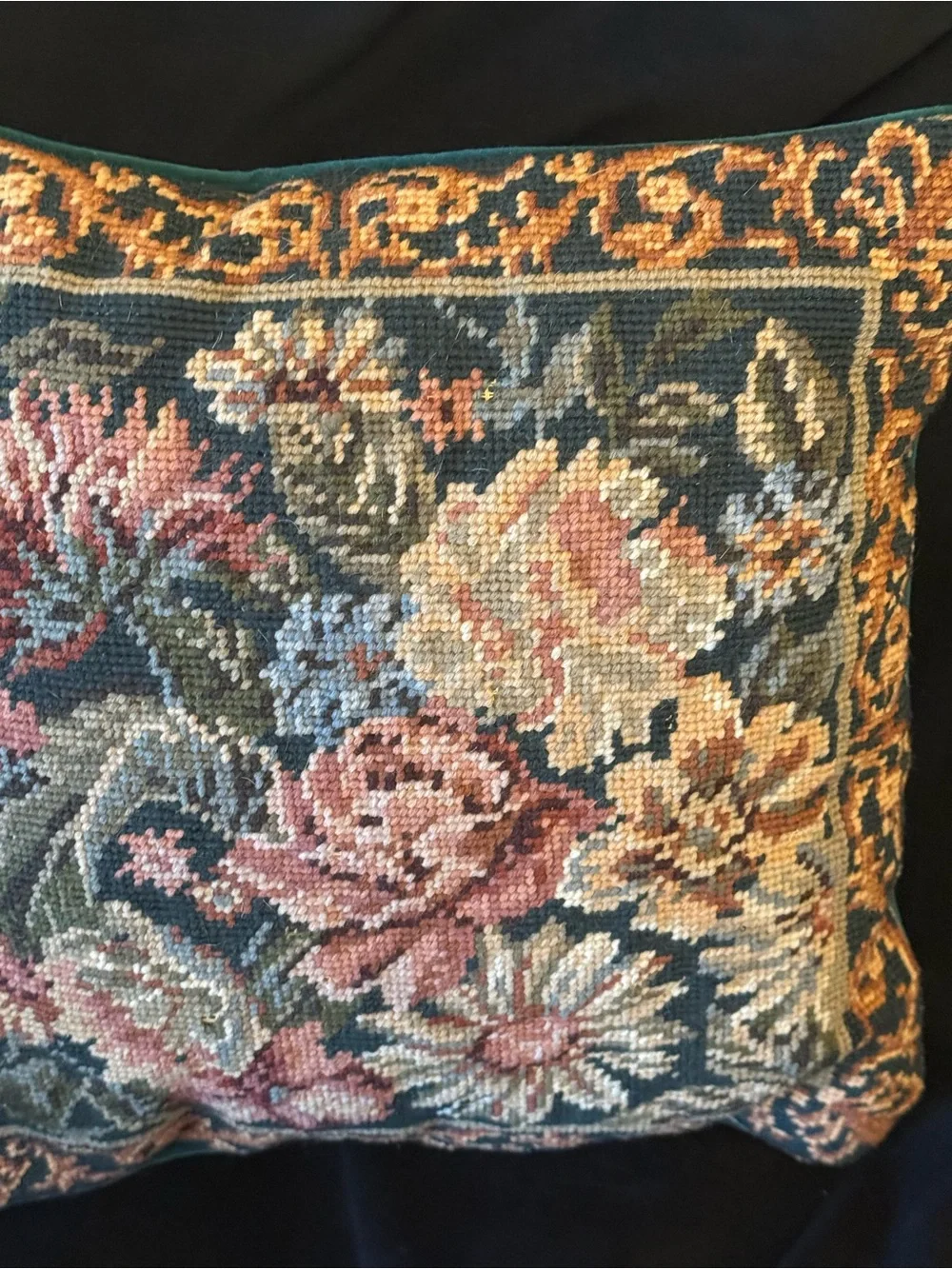 Vintage-Inspired Floral Needlepoint Accent Pillow Pair in Green and Pink